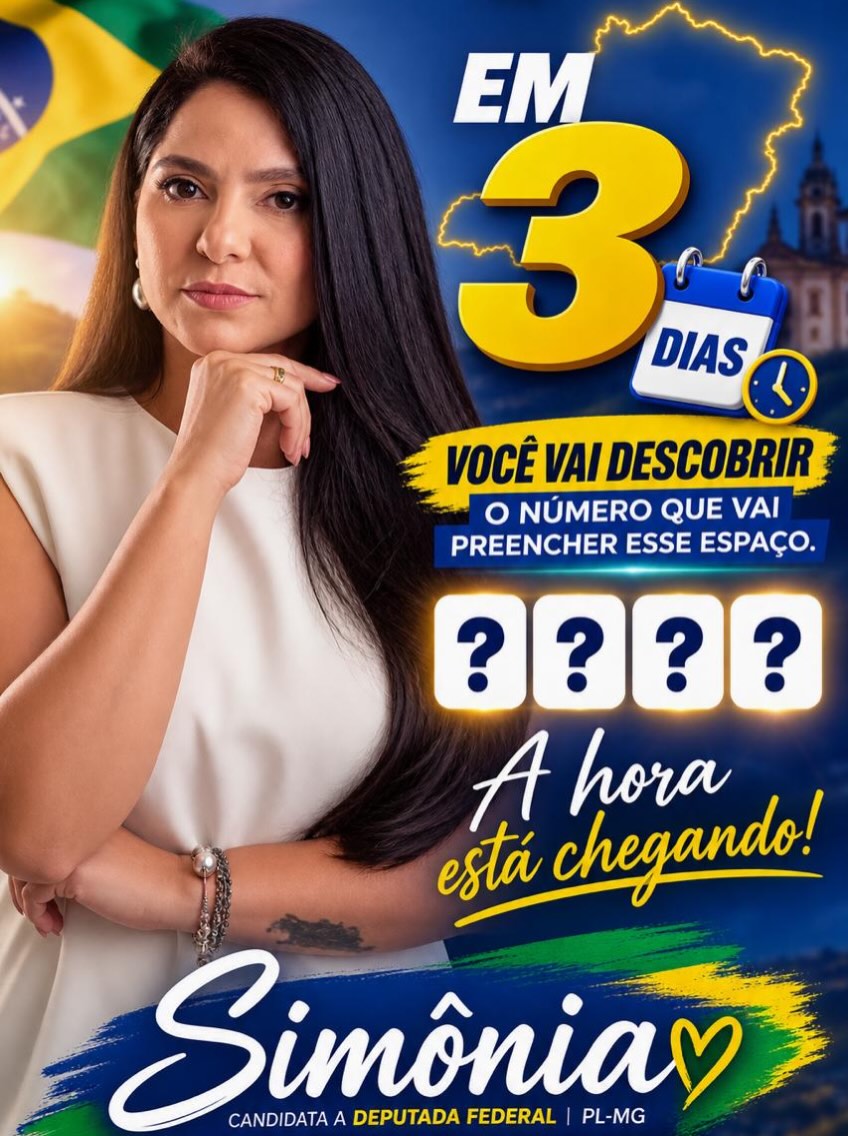 Simônia, candidata a deputada federal pelo PL-MG, em arte de campanha com a bandeira do Brasil e a contagem regressiva para a divulgação do número de urna.